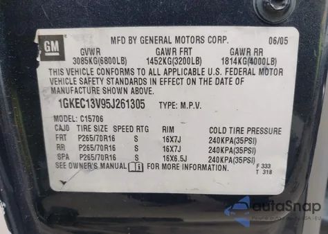 2005 GMC Yukon Sle z USA, uszkodzony, nr VIN 1GKEC13V95J261305